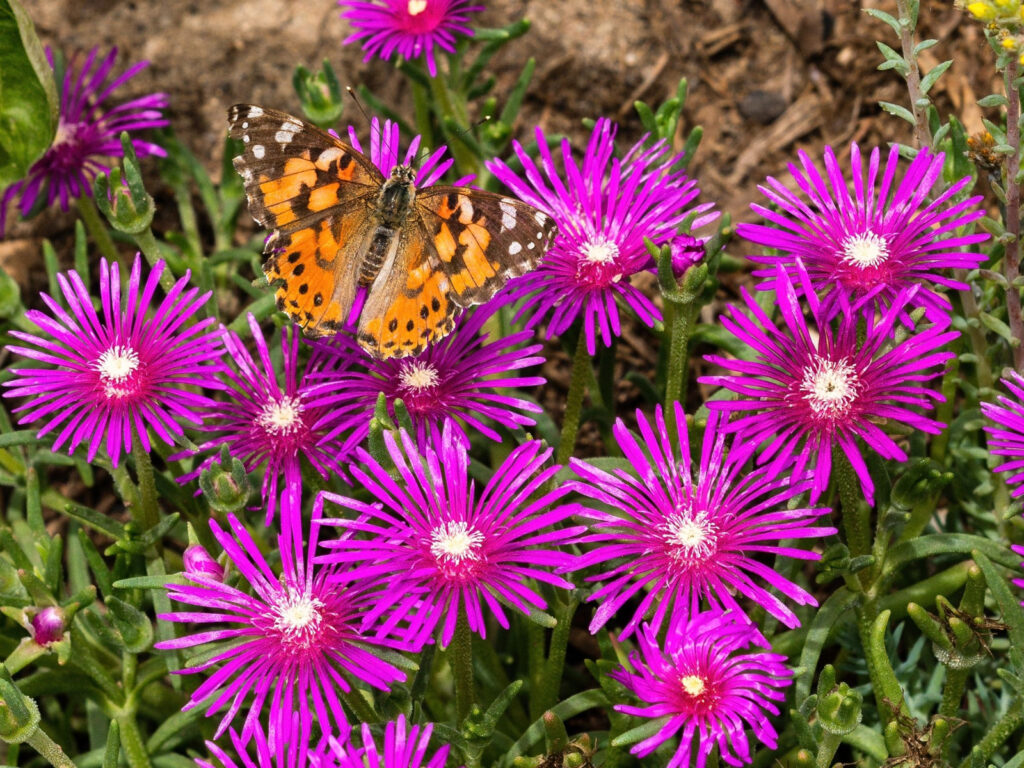 Butterfly settles on ice plant succulent